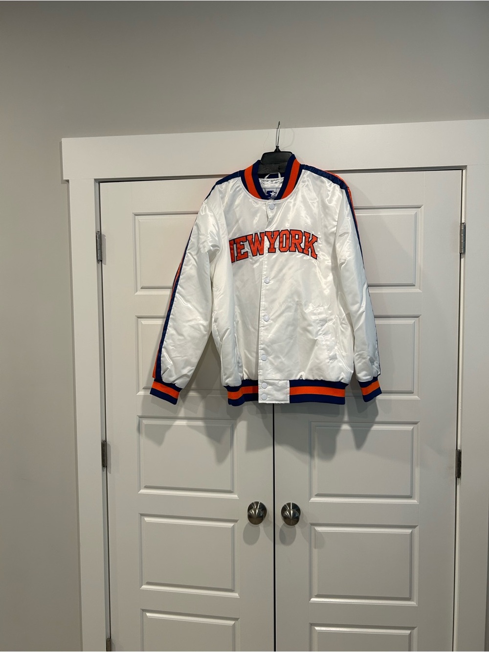 New York Satin Bomber Jacket - White with Blue & Orange Trim . Brand New